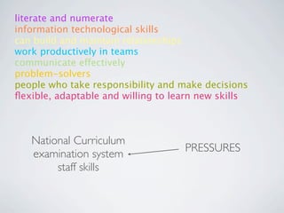 literate and numerate
information technological skills
can build and maintain relationships
work productively in teams
communicate effectively
problem-solvers
people who take responsibility and make decisions
ﬂexible, adaptable and willing to learn new skills



   National Curriculum
                                    PRESSURES
   examination system
        staff skills
 