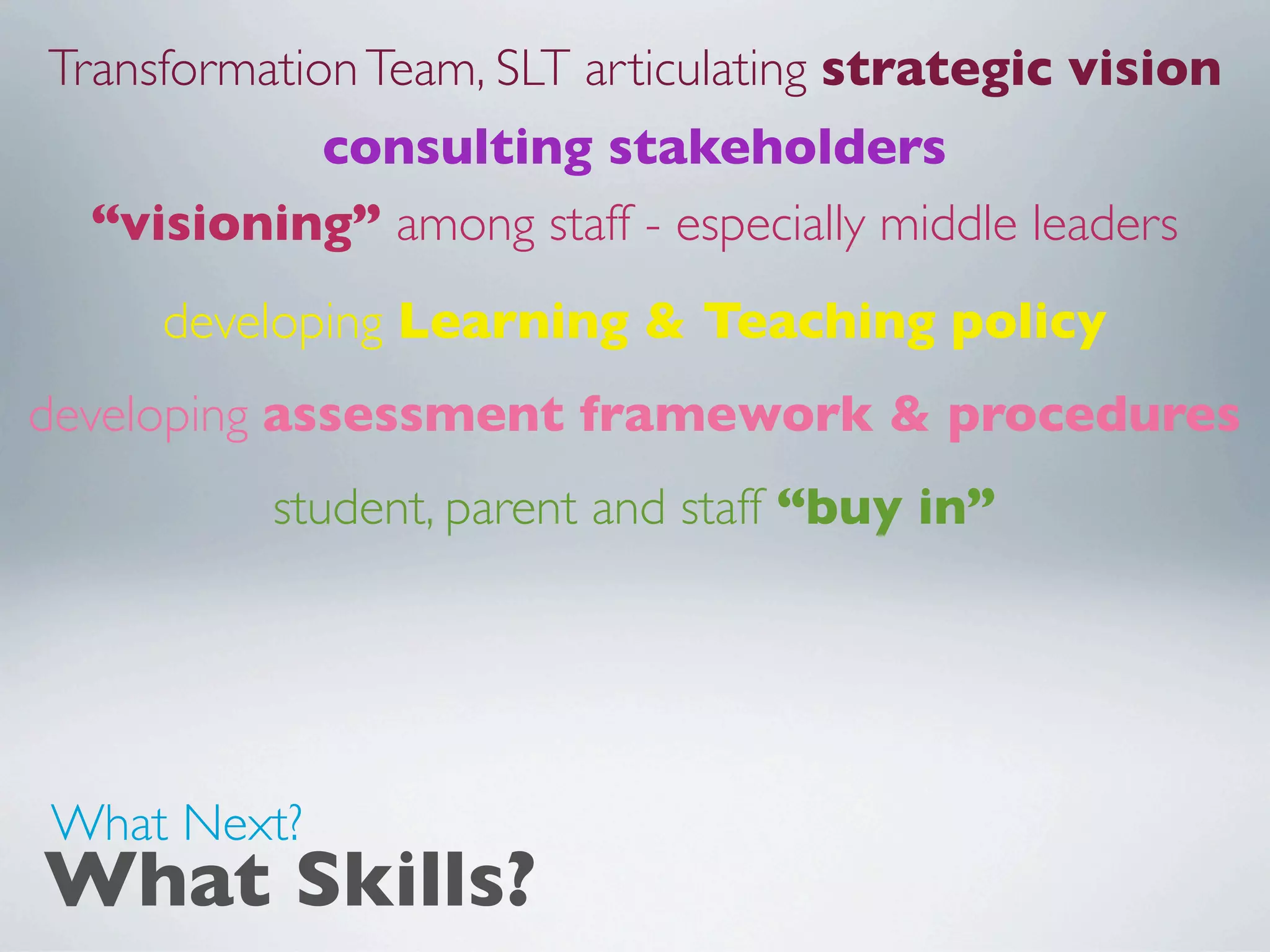 Transformation Team, SLT articulating strategic vision
           consulting stakeholders
  “visioning” among staff - especially middle leaders
     developing Learning & Teaching policy
developing assessment framework & procedures
          student, parent and staff “buy in”




What Next?
What Skills?
 