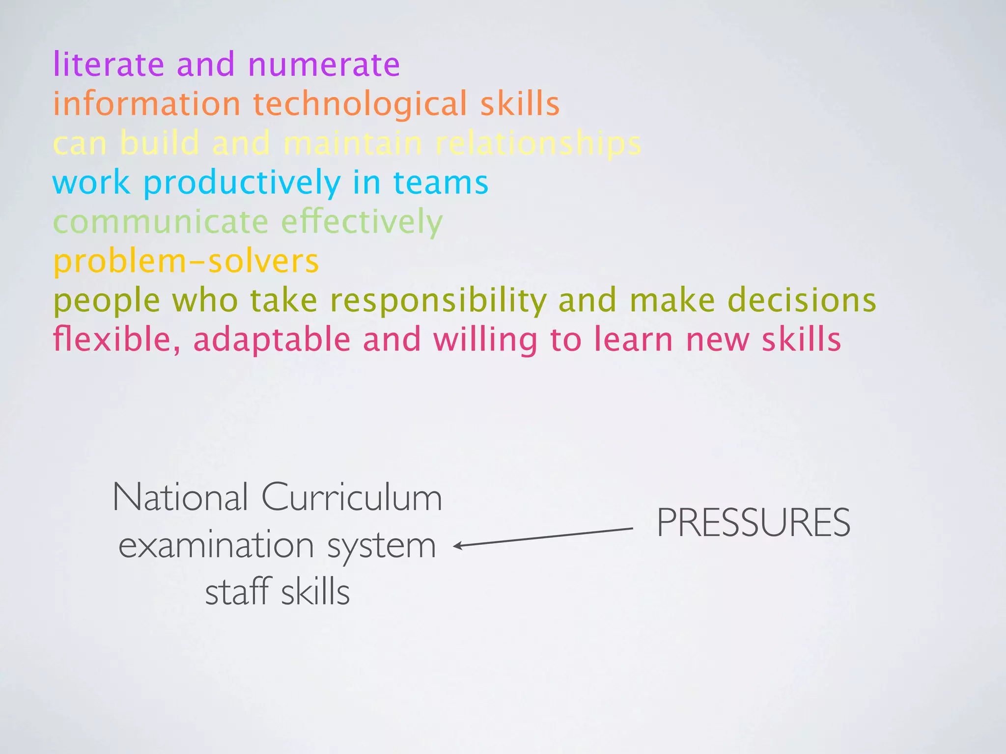 literate and numerate
information technological skills
can build and maintain relationships
work productively in teams
communicate effectively
problem-solvers
people who take responsibility and make decisions
ﬂexible, adaptable and willing to learn new skills



   National Curriculum
                                    PRESSURES
   examination system
        staff skills
 