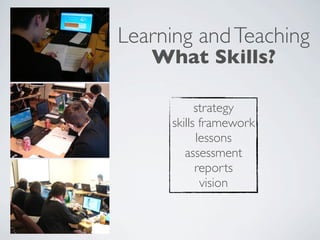 Learning and Teaching
   What Skills?

           strategy
     skills framework
           lessons
        assessment
           reports
            vision
 
