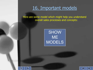 16. Important models
Here are some model which might help you understand
          overall sales processes and concepts:



                   SHOW
                    ME
                  MODELS
 