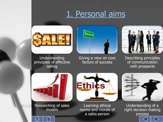 1. Personal aims




    Understanding         Giving a view on core   Describing principles
principles of effective     factors of success     of communication
        selling                                      with prospects




Researching of sales        Learning ethical        Understanding of a
      models              norms and morals of     right decision making
                             a sales-person              process
 