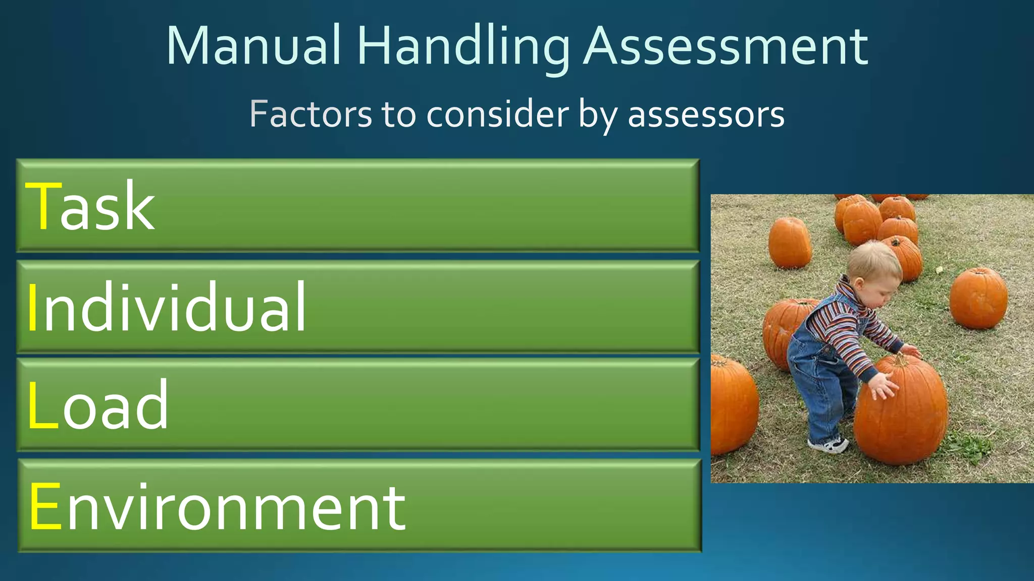 Manual Handling Assessment
Task
Individual
Load
Environment
 
