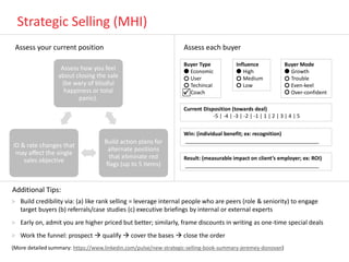 Strategic Selling (MHI)
> Build credibility via: (a) like rank selling = leverage internal people who are peers (role & seniority) to engage
target buyers (b) referrals/case studies (c) executive briefings by internal or external experts
> Early on, admit you are higher priced but better; similarly, frame discounts in writing as one-time special deals
> Work the funnel: prospect  qualify  cover the bases  close the order
(More detailed summary: https://www.linkedin.com/pulse/new-strategic-selling-book-summary-jeremey-donovan)
Assess how you feel
about closing the sale
(be wary of blissful
happiness or total
panic).
Build action plans for
alternate positions
that eliminate red
flags (up to 5 items)
ID & rate changes that
may affect the single
sales objective
Assess your current position Assess each buyer
Buyer Type
Economic
User
Techincal
Coach
Buyer Mode
Growth
Trouble
Even-keel
Over-confident
Influence
High
Medium
Low
Current Disposition (towards deal)
-5 | -4 | -3 | -2 | -1 | 1 | 2 | 3 | 4 | 5
Win: (individual benefit; ex: recognition)
______________________________________________
Result: (measurable impact on client’s employer; ex: ROI)
______________________________________________
Additional Tips:
 