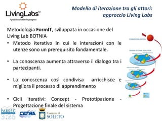 Modello di iterazione tra gli attori:
approccio Living Labs
• Metodo iterativo in cui le interazioni con le
utenze sono un prerequisito fondamentale.
• La conoscenza aumenta attraverso il dialogo tra i
partecipanti.
• La conoscenza così condivisa arricchisce e
migliora il processo di apprendimento
• Cicli iterativi: Concept - Prototipazione -
Progettazione finale del sistema
Metodologia FormIT, sviluppata in occasione del
Living Lab BOTNIA
 