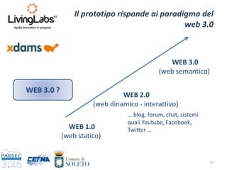 25
Il prototipo risponde ai paradigma del
web 3.0
WEB 3.0 ?
WEB 2.0
(web dinamico - interattivo)
WEB 1.0
(web statico)
… blog, forum, chat, sistemi
quali Youtube, Facebook,
Twitter …
WEB 3.0
(web semantico)
 