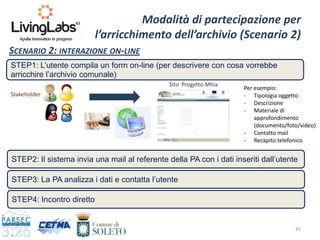 45
Modalità di partecipazione per
l’arricchimento dell’archivio (Scenario 2)
SCENARIO 2: INTERAZIONE ON-LINE
Sito Progetto Mhia
Stakeholder
STEP1: L’utente compila un form on-line (per descrivere con cosa vorrebbe
arricchire l’archivio comunale)
Per esempio:
- Tipologia oggetto
- Descrizione
- Materiale di
approfondimento
(documento/foto/video)
- Contatto mail
- Recapito telefonico
STEP2: Il sistema invia una mail al referente della PA con i dati inseriti dall’utente
STEP3: La PA analizza i dati e contatta l’utente
STEP4: Incontro diretto
 