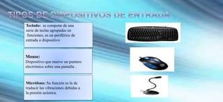 Mouse:
Dispositivo que mueve un puntero
electrónico sobre una pantalla .
Micrófono: Su función es la de
traducir las vibraciones debidas a
la presión acústica.
Teclado: se compone de una
serie de teclas agrupadas en
funciones, es un periférico de
entrada o dispositivo
 