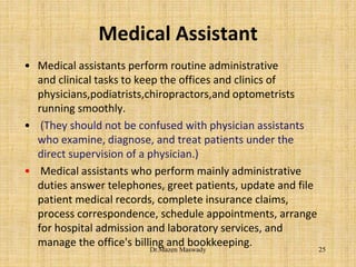 Medical Assistant
• Medical assistants perform routine administrative
and clinical tasks to keep the offices and clinics of
physicians,podiatrists,chiropractors,and optometrists
running smoothly.
• (They should not be confused with physician assistants
who examine, diagnose, and treat patients under the
direct supervision of a physician.)
• Medical assistants who perform mainly administrative
duties answer telephones, greet patients, update and file
patient medical records, complete insurance claims,
process correspondence, schedule appointments, arrange
for hospital admission and laboratory services, and
manage the office's billing and bookkeeping.
25Dr.Mazen Maswady
 
