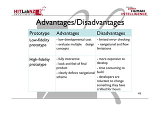 Advantages/Disadvantages
49
Prototype Advantages Disadvantages
Low-fidelity
prototype
- low developmental cost
- evaluate multiple design
concepts
- limited error checking
- navigational and flow
limitations
High-fidelity
prototype
- fully interactive
- look and feel of final
product
- clearly defines navigational
scheme
- more expensive to
develop
- time consuming to
build
- developers are
reluctant to change
something they have
crafted for hours
 