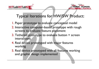 Typical Iterations for HW/SW Product:
1. Paper prototype to evaluate conceptual model
2. Interactive computer-based prototype with rough
screens to evaluate feature placement
3. Tethered prototype to evaluate button + screen
interactions
4. Real device prototyped with major features
working
5. Real device prototyped with all features working
and graphic design implemented
 