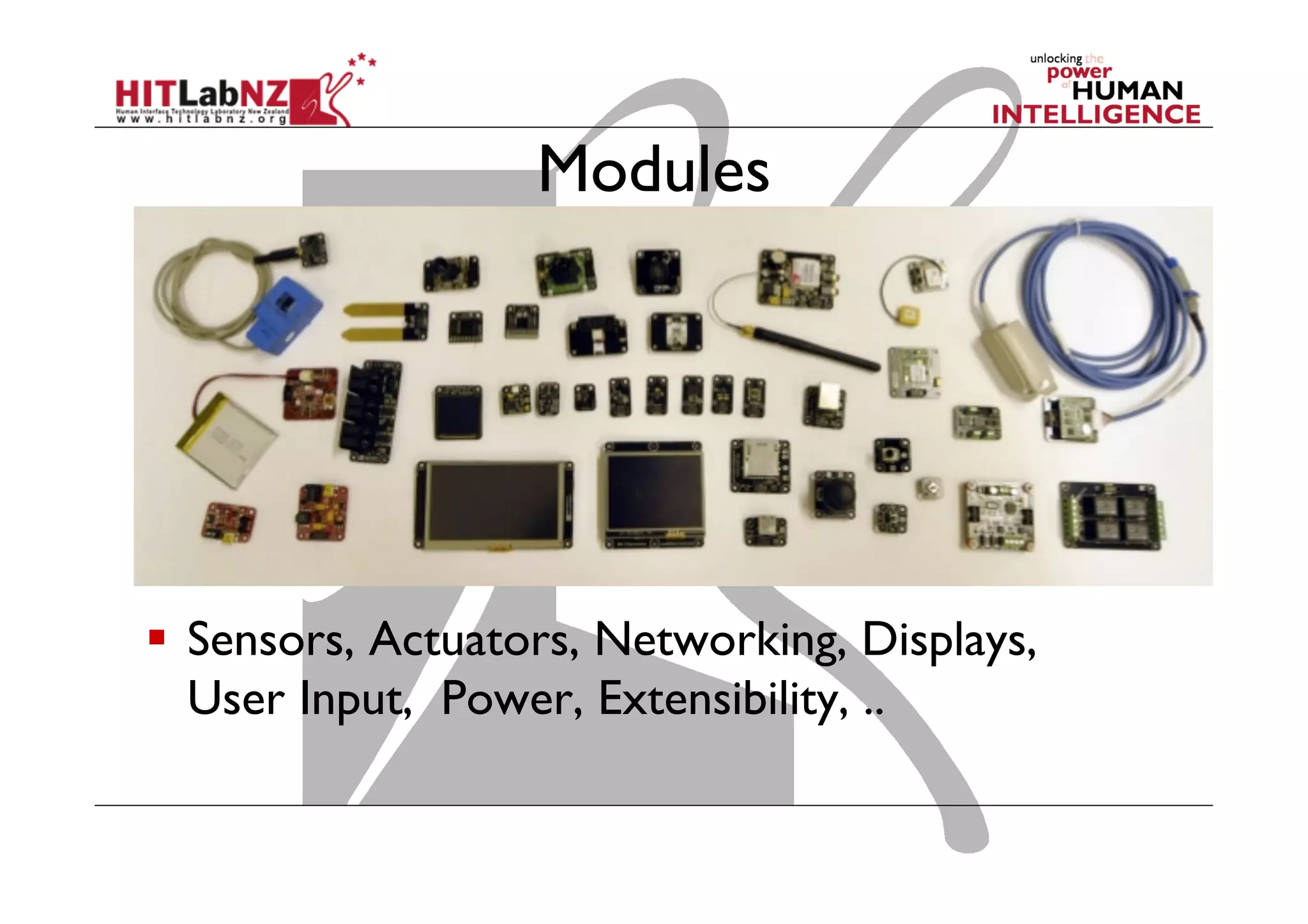 Modules
  Sensors, Actuators, Networking, Displays,
User Input, Power, Extensibility, ..
 