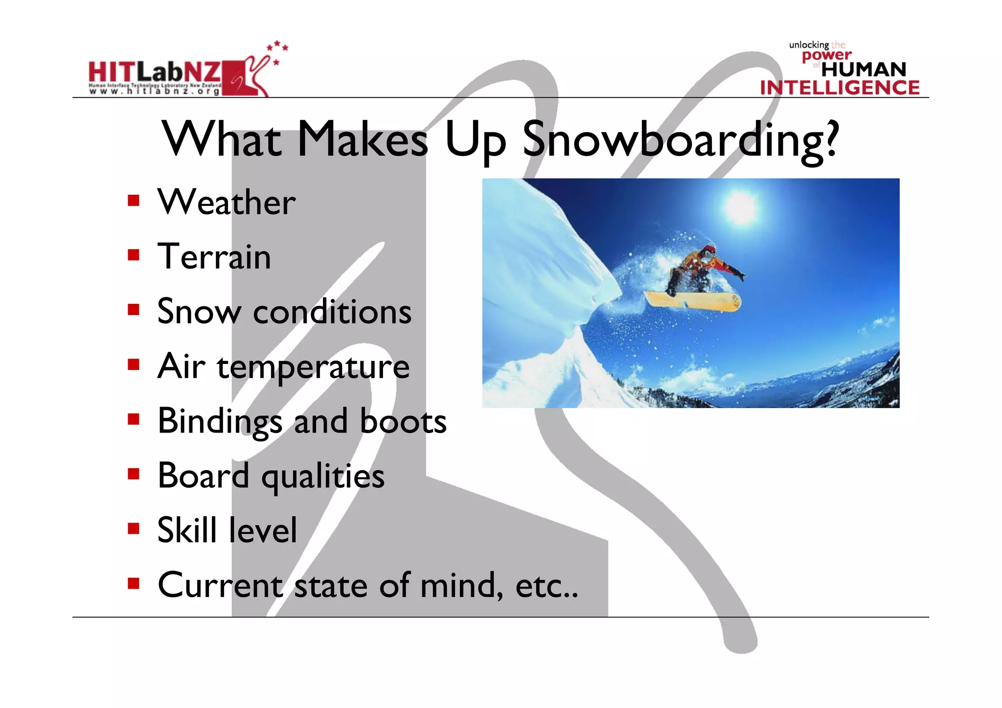 What Makes Up Snowboarding?
  Weather
  Terrain
  Snow conditions
  Air temperature
  Bindings and boots
  Board qualities
  Skill level
  Current state of mind, etc..
 