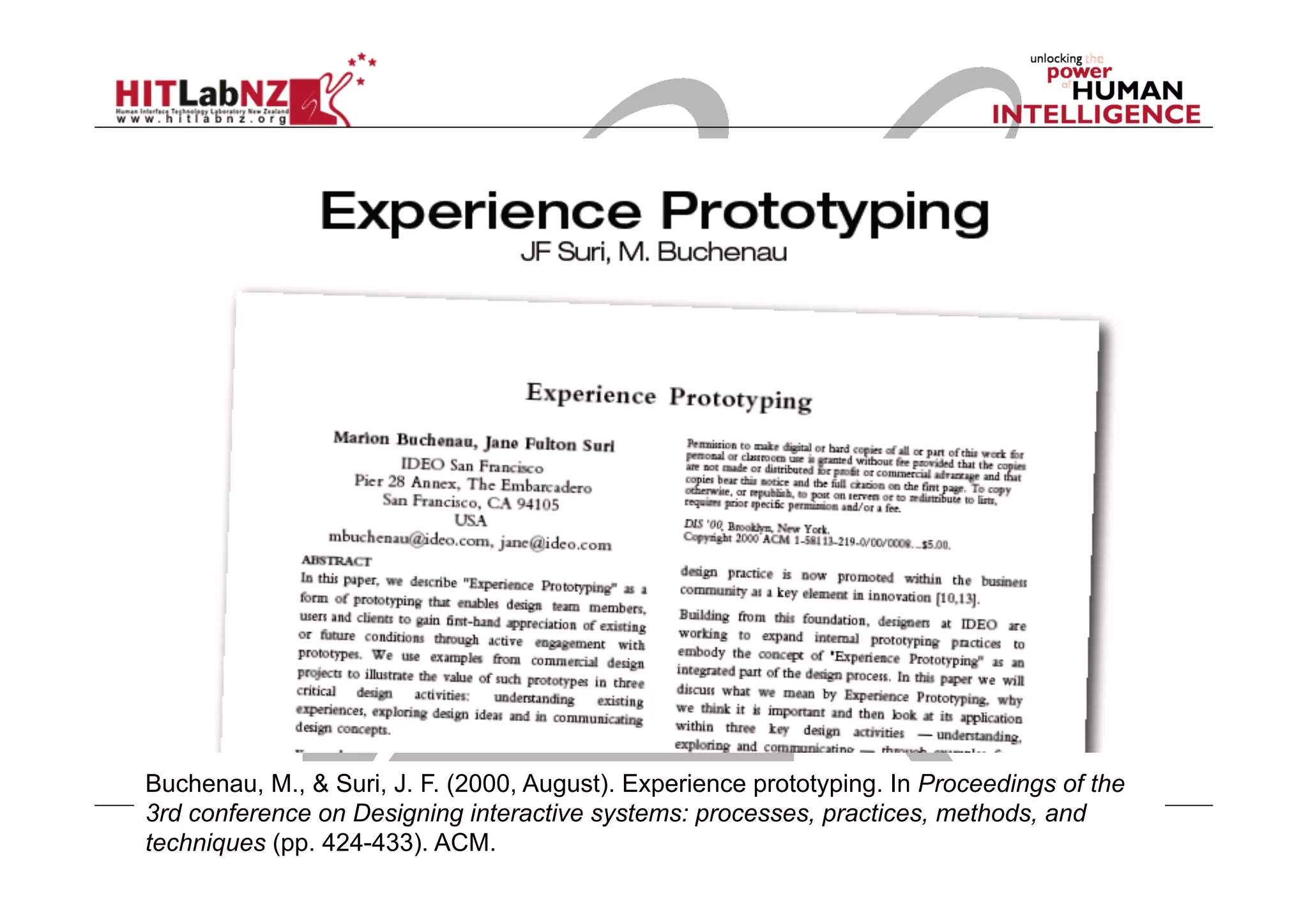 Buchenau, M., & Suri, J. F. (2000, August). Experience prototyping. In Proceedings of the
3rd conference on Designing interactive systems: processes, practices, methods, and
techniques (pp. 424-433). ACM.
 