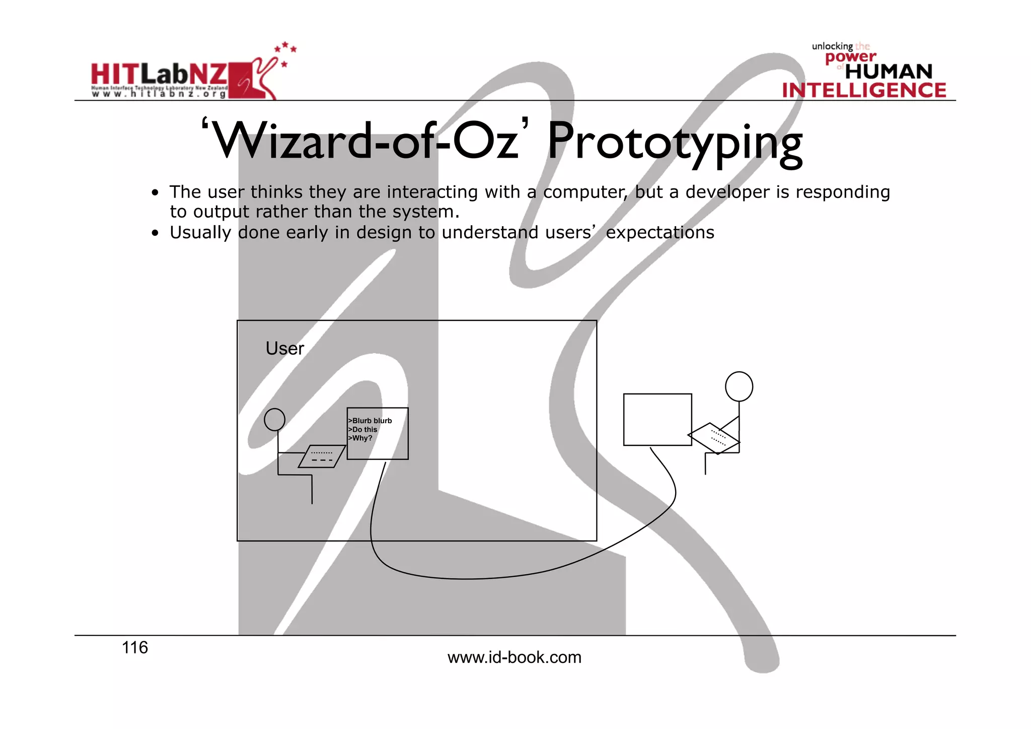 116
www.id-book.com
Wizard-of-Oz Prototyping
•  The user thinks they are interacting with a computer, but a developer is responding
to output rather than the system.
•  Usually done early in design to understand users’ expectations
>Blurb blurb
>Do this
>Why?
User
 