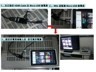 1 、先行接好 HDMI Cable 及 Micro USB 端電源 2 、 MHL 适配器 Micro USB 端電視 3 、設定好電視端輸入后 , 即可操作電腦 