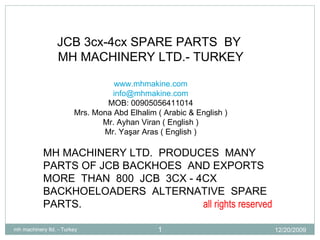 JCB 3cx-4cx SPARE PARTS  BY  MH MACHINERY LTD.- TURKEY www.mhmakine.com [email_address] MOB: 00905056411014 Mrs. Mona Abd Elhalim ( Arabic & English ) Mr. Ayhan Viran ( English ) Mr. Yaşar Aras ( English ) MH MACHINERY LTD.  PRODUCES  MANY PARTS OF JCB BACKHOES  AND EXPORTS  MORE  THAN  800  JCB  3CX - 4CX BACKHOELOADERS  ALTERNATIVE  SPARE PARTS. all rights reserved mh machinery ltd. - Turkey  12/20/2009 