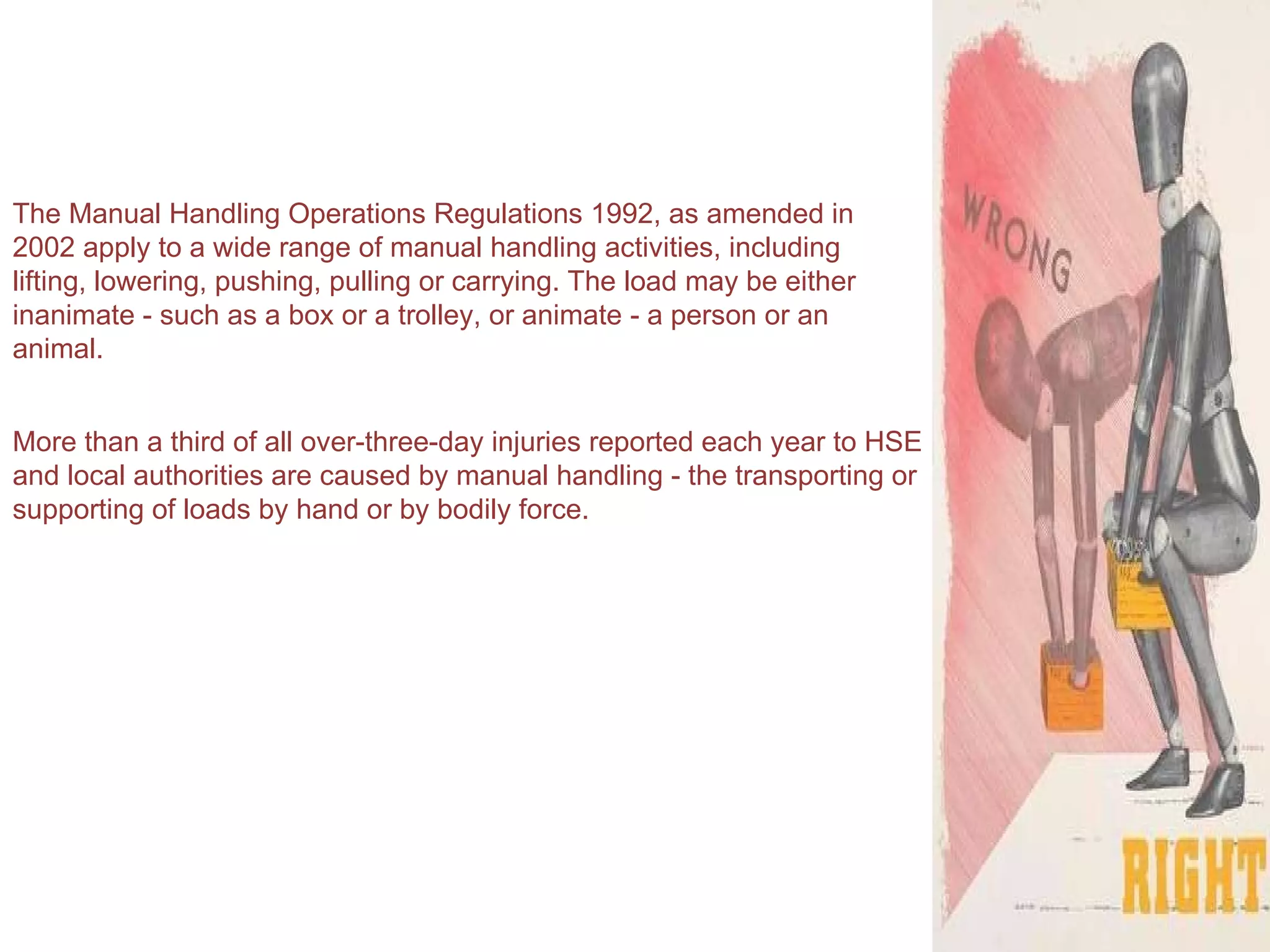 The Manual Handling Operations Regulations 1992, as amended in 2002 apply to a wide range of manual handling activities, including lifting, lowering, pushing, pulling or carrying. The load may be either inanimate - such as a box or a trolley, or animate - a person or an animal. More than a third of all over-three-day injuries reported each year to HSE and local authorities are caused by manual handling - the transporting or supporting of loads by hand or by bodily force.  