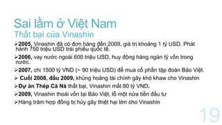 Sai lầm ở Việt Nam
Thất bại của Vinashin
2005, Vinashin đã có đơn hàng đến 2009, giá trị khoảng 1 tỷ USD. Phát
hành 750 triệu USD trái phiếu quốc tế.
2006, vay nước ngoài 600 triệu USD, huy động hàng ngàn tỷ vốn trong
nước.
2007, chi 1500 tỷ VND (~ 90 triệu USD) để mua cổ phần tập đoàn Bảo Việt.
 Cuối 2008, đầu 2009, khủng hoảng tài chính gây khó khaw cho Vinashin
Dự án Thép Cà Nà thất bại, Vinashin mất 80 tỷ VND.
2009, Vinashin thoái vốn tại Bảo Việt, lỗ một nửa tiền đầu tư
Hàng trăm hợp đồng bị hủy gây thiệt hại lớn cho Vinashin
 