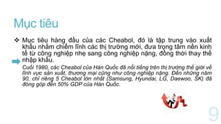 Mục tiêu
 Mục tiêu hàng đầu của các Cheabol, đó là tập trung vào xuất
khẩu nhằm chiếm lĩnh các thị trường mới, đưa trọng tâm nền kinh
tế từ công nghiệp nhẹ sang công nghiệp nặng, đồng thời thay thế
nhập khẩu.
Cuối 1980, các Cheabol của Hàn Quốc đã nổi tiếng trên thị trường thế giới về
lĩnh vực sản xuất, thương mại cũng như công nghiệp nặng. Đến những năm
90, chỉ riêng 5 Cheabol lớn nhất (Samsung, Hyundai, LG, Daewoo, SK) đã
đóng góp đến 50% GDP của Hàn Quốc.
 