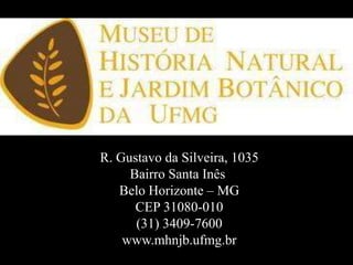 R. Gustavo da Silveira, 1035
Bairro Santa Inês
Belo Horizonte – MG
CEP 31080-010
(31) 3409-7600
www.mhnjb.ufmg.br
 