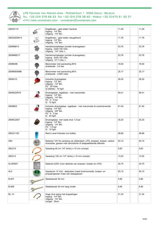 Kogelkraan - geel stalen handvat
Ingang : 1/4" Bin.
Uitgang : 1/4" Bin.
260G5114 11,29 11,29
Kogelkraan - geel stalen vleugelhand
Ingang : 1/4" Bin.
Uitgang : 1/4" Bin.
260G52DIN14 11,76 11,76
Handomschakelaar (zonder drukregelaar)
Ingang : 2x20-150 Uitw.
Uitgang : 1/4" Uitw. L
260IM6814 53,76 53,76
Handomschakelaar (zonder drukregelaar)
Ingang : 2x20-150 Uitw.
Uitgang : 21,7 Uitw. L
260IM68217 53,76 53,76
Manometer met aansluiting M10
drukbereik : 0-4 bar
260M04B 18,00 18,00
Manometer met aansluiting M10
drukbereik : 0-600 mbar
260M0600MB 25,17 25,17
Industrie drukregelaar
Ingang : 1/2" Bin.
Uitgang : 1/2" Bin.
P2 : 30 mbar
Q (debiet) : 10 kg/h
260N310 28,30 28,30
Drukregelaar, regelbaar - met manometer
Ingang : 1/4" Bin.
Uitgang : 1/4" Bin.
P2 : 0 - 6 bar
Q : 12 kg/h
260N522R79 69,41 69,41
Industrie drukregelaar, regelbaar - met manometer & overdrukventiel
Ingang : 1/4" Bin.
Uitgang : 3/8" Bin.
P2 : 0 - 2 bar
Q : 40 kg/h
260N603 61,40 61,40
Drukregelaar, met vaste druk 1,5 bar
Ingang : 1/4" Bin.
Uitgang : 1/4" Bin.
P2 : 1,5 bar
Q : 12 kg/h
260NC2007 25,20 25,20
Reich Level Indicator (on bottle)265231100 99,66 99,66
Detector 12V for camping car (detecteert: LPG, propaan, butaan, carbon
monoxide, gassen met narcotische of slaapwekkende effecten
26D 93,10 93,10
Gasslang 40 cm 1/4" (links) x 10 mm (oranje)26G310 9,83 9,83
Gasslang 100 cm 1/4" (links) x 10 mm (oranje)26G312 13,54 13,54
Detector-220V (voor detectie van propaan, butaan en LPG)AL300001 24,75 24,75
Gasdector 12 Volt - detecteert zowel koolmonoxide, butaan- en
propaangassen maar ook slaapgassen
AL5 93,10 93,10
Steeksleutel 30 mmB-007 5,66 5,66
Steeksleutel 30 mm lang modelB-008 8,46 8,46
Hoge druk slang met koppelingen
Ingang : 1/4" Bin.
Uitgang : 1/4" Bin.
Lengte : 35cm
BL-14 21,34 21,34
10/35
Deze kraan kan je gebruiken in
het hoge drukgedeelte (dus voor de afsluiter).
 