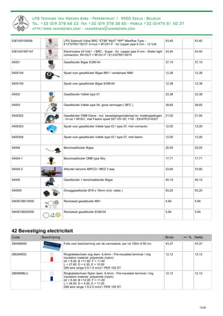 LPG Solenoid Valve BRC “ET98” My07 "WP" Maxiflow Type -
E13*67R01*0015* In+out = M12X1-F - for copper pipe 8 mm - 12 Volt
03EV00100058 43,40 43,40
Electrovalve 24 Volt ! / BRC - Super - for copper pipe 8 mm - Water tight
connection, IN+OUT = M12x1-F / E13-67R01-0015
03EV001M7147 43,40 43,40
Gasafsluiter Bigas EGM-0404001 37,10 37,10
Spoel voor gasafsluiter Bigas M91 / verdamper M840400104 12,38 12,38
Spoel voor gasafsluiter Bigas EGM-040400105 12,38 12,38
Gasafsluiter Valtek type 0104002 33,38 33,38
Gasafsluiter Valtek type 04, groot vermogen ( BFC )04003 39,65 39,65
Gasafsluiter OMB Diana - incl. bevestigingsmateriaal en knelkoppelingen
- in+uit = M10x1, met Faston spoel DO 12V DC 11W - E8-67R-014327
0400302 21,00 21,00
Spoel voor gasafsluiter Valtek type 03 / type 07, met connector0400303 12,00 12,00
Spoel voor gasafsluiter Valtek type 03 / type 07, met faston0400304 12,00 12,00
Benzineafsluiter Bigas04004 20,05 20,05
Benzineafsluiter OMB type Sky04004-1 17,71 17,71
Afsluiter benzine IMPCO / MED 3 way04004-2 33,60 33,60
Gasafsluiter + benzineafsluiter Bigas04005 40,10 40,10
Drooggasafsluiter Ø16 x 16mm (incl. relais )040555 93,20 93,20
Revisieset gasafsluiter M9104KIEVB010000 5,94 5,94
Revisieset gasafsluiter EGM-0404KIEVB020000 5,94 5,94
42 Bevestiging electriciteit
Bruto +/- %Code Beschrijving Netto
Folie voor bescherming van de carrosserie, per rol 100m X 50 cm.280498050 43,37 43,37
Ringkabelschoen oog diam. 6,4mm - Pre-insulated terminal / ring
insulation material: polyamide (nylon)
d2 = 6.40; B =11.60: F = 11.40
L = 27.60; D = 4.30; E = 10.50
DIN wire range 0.5-1.5 mm2 / PER 100 ST.
28636RED 12,12 12,12
Ringkabelschoen Nylon diam. 6,4mm - Pre-insulated terminal / ring
insulation material: polyamide (nylon)
d2 = 6.40; B =12.00: F = 11.00
L = 28.00; D = 4.50; E = 11.00
DIN wire range 1.5-2.5 mm2 / PER 100 ST.
28656NBLU 12,12 12,12
13/35
 