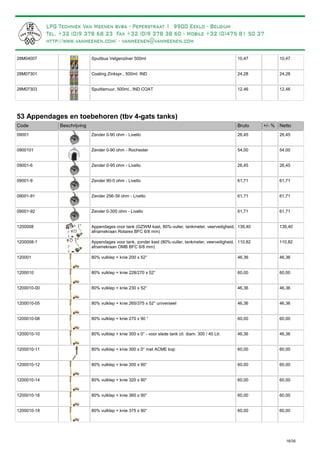 Spuitbus Velgenzilver 500ml28M04007 10,47 10,47
Coating Zinkspr., 500ml. IND28M07301 24,28 24,28
Spuitlamuur, 500ml., IND COAT28M07303 12,46 12,46
53 Appendages en toebehoren (tbv 4-gats tanks)
Bruto +/- %Code Beschrijving Netto
Zender 0-90 ohm - Livello09001 26,45 26,45
Zender 0-90 ohm - Rochester0900101 54,00 54,00
Zender 0-95 ohm - Livello09001-6 26,45 26,45
Zender 90-0 ohm - Livello09001-9 61,71 61,71
Zender 256-39 ohm - Livello09001-91 61,71 61,71
Zender 0-300 ohm - Livello09001-92 61,71 61,71
Appendages voor tank (GZWM kast, 80%-vuller, tankmeter, veerveiligheid,
afnamekraan Rotarex BFC 6/8 mm)
1200008 139,40 139,40
Appendages voor tank, zonder kast (80%-vuller, tankmeter, veerveiligheid,
afnamekraan OMB BFC 6/8 mm)
1200008-1 110,82 110,82
80% vulklep + knie 200 x 52°120001 46,36 46,36
80% vulklep + knie 228/270 x 52°1200010 60,00 60,00
80% vulklep + knie 230 x 52°1200010-00 46,36 46,36
80% vulklep + knie 265/375 x 52° universeel1200010-05 46,36 46,36
80% vulklep + knie 270 x 90 °1200010-08 60,00 60,00
80% vulklep + knie 300 x 0° - voor slede tank cil. diam. 300 / 40 Ltr.1200010-10 46,36 46,36
80% vulklep + knie 300 x 0° met ACME kop1200010-11 60,00 60,00
80% vulklep + knie 300 x 90°1200010-12 60,00 60,00
80% vulklep + knie 320 x 90°1200010-14 60,00 60,00
80% vulklep + knie 360 x 90°1200010-16 60,00 60,00
80% vulklep + knie 375 x 90°1200010-18 60,00 60,00
16/35
 