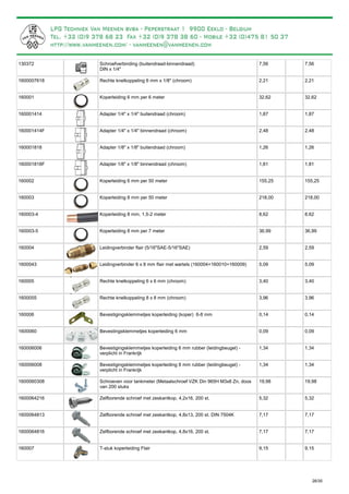 Schroefverbinding (buitendraad-binnendraad)
DIN x 1/4"
130372 7,56 7,56
Rechte knelkoppeling 6 mm x 1/8" (chroom)1600007618 2,21 2,21
Koperleiding 6 mm per 6 meter160001 32,62 32,62
Adapter 1/4" x 1/4" buitendraad (chroom)160001414 1,87 1,87
Adapter 1/4" x 1/4" binnendraad (chroom)160001414F 2,48 2,48
Adapter 1/8" x 1/8" buitendraad (chroom)160001818 1,26 1,26
Adapter 1/8" x 1/8" binnendraad (chroom)160001818F 1,81 1,81
Koperleiding 6 mm per 50 meter160002 155,25 155,25
Koperleiding 8 mm per 50 meter160003 218,00 218,00
Koperleiding 8 mm, 1,5-2 meter160003-4 8,62 8,62
Koperleiding 8 mm per 7 meter160003-5 36,99 36,99
Leidingverbinder flair (5/16"SAE-5/16"SAE)160004 2,59 2,59
Leidingverbinder 6 x 8 mm flair met wartels (160004+160010+160009)1600043 5,09 5,09
Rechte knelkoppeling 6 x 6 mm (chroom)160005 3,40 3,40
Rechte knelkoppeling 8 x 8 mm (chroom)1600055 3,96 3,96
Bevestigingsklemmetjes koperleiding (koper) 6-8 mm160006 0,14 0,14
Bevestingsklemmetjes koperleiding 6 mm1600060 0,09 0,09
Bevestigingsklemmetjes koperleiding 6 mm rubber (leidingbeugel) -
verplicht in Frankrijk
160006006 1,34 1,34
Bevestigingsklemmetjes koperleiding 8 mm rubber (leidingbeugel) -
verplicht in Frankrijk
160006008 1,34 1,34
Schroeven voor tankmeter (Metaalschroef VZK Din 965H M3x8 Zn, doos
van 200 stuks
1600060308 19,98 19,98
Zelfborende schroef met zeskantkop, 4,2x16, 200 st.1600064216 5,32 5,32
Zelfborende schroef met zeskantkop, 4,8x13, 200 st. DIN 7504K1600064813 7,17 7,17
Zelfborende schroef met zeskantkop, 4,8x16, 200 st.1600064816 7,17 7,17
T-stuk koperleiding Flair160007 9,15 9,15
26/35
Aanbevolen voor bevestiging van koperleiding.
Te gebruiken voor de bevestiging van koperleiding of kunststof leiding.
 