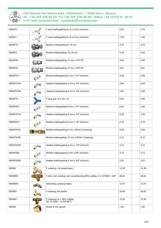 T-stuk knelkoppeling 6 x 6 x 6 mm (chroom)1600070 3,33 3,33
T-stuk knelkoppeling 8 x 8 x 8 mm (chroom)1600071 7,36 7,36
Rechte knelkoppeling 8 x 6 mm16000714 3,75 3,75
Rechte knelkoppeling 10 x 8 mm1600076 5,49 5,49
Rechte knelkoppeling 10 mm x 1/4" BT16000760 3,56 3,56
Rechte knelkoppeling 10 mm x 3/8" BT16000761 3,81 3,81
Rechte knelkoppeling 6 mm x 1/4" (chroom)160007614 2,08 2,08
Haakse knelkoppeling 6 mm x 1/4" (chroom)160007614H 2,64 2,64
Haakse knelkoppeling 6 mm x 1/8" (chroom)160007618H 2,56 2,56
Y-stuk gas 10 x 10 x 1016000775 5,00 5,00
Rechte knelkoppeling 8 mm x 1/4" (chroom)160007814 2,40 2,40
Haakse knelkoppeling 8 mm x 1/4" (chroom)160007814H 3,36 3,36
Rechte knelkoppeling 8 mm x 1/8" (chroom)160007818 2,16 2,16
Rechte knelkoppeling 8 mm x M10x1 (messing)1600078185 2,28 2,28
Rechte knelkoppeling 10 mm x M10x1 (messing)1600078186 4,12 4,12
Haakse knelkoppeling 8 mm x 1/8" (chroom)160007818H 3,12 3,12
Rechte knelkoppeling 8 mm x 3/8" (chroom)160007838 3,12 3,12
Haakse knelkoppeling 8 mm x 3/8" (chroom)160007838H 2,53 2,53
T-vulslang ( 3x buitendraad )160008 12,39 12,39
T-stuk voor vulslang voor op aansluiting 80%-vulklep, 2 x 1/2"SAE + 3/8"16000803 28,42 28,42
Verbinding vulslang haaks16000805 12,51 12,51
T-vulslang met wartel1600081 20,40 20,40
T-vulslang t.b.v. 80% vulklep
(2x 1/2 SAE + 1x 3/8 NPT)
160008-1 12,40 12,40
Wartel 6 mm (groot)160009 1,52 1,52
27/35
Past op: manuele afnamekraan damptank, expansievat, 2-trapsontspanner
Handig bij gebruik van 2 tanks. Zo kan je bij de vulling de eerste tank doorverbinden met de 2de tank.
Idem als 16000803, de doorverbinding is haaks.
Deze koppeling gebruik je als in jouw motorhome 10 mm leiding aanwezig is.
 