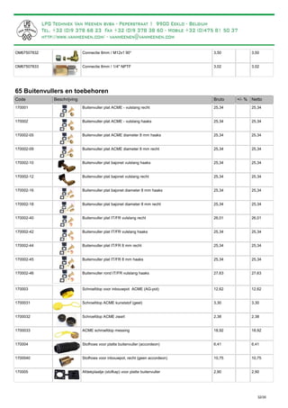 Connectie 8mm / M12x1 90°OM67507832 3,50 3,50
Connectie 8mm / 1/4" NPTFOM67507833 3,02 3,02
65 Buitenvullers en toebehoren
Bruto +/- %Code Beschrijving Netto
Buitenvuller plat ACME - vulslang recht170001 25,34 25,34
Buitenvuller plat ACME - vulslang haaks170002 25,34 25,34
Buitenvuller plat ACME diameter 8 mm haaks170002-05 25,34 25,34
Buitenvuller plat ACME diameter 8 mm recht170002-09 25,34 25,34
Buitenvuller plat bajonet vulslang haaks170002-10 25,34 25,34
Buitenvuller plat bajonet vulslang recht170002-12 25,34 25,34
Buitenvuller plat bajonet diameter 8 mm haaks170002-16 25,34 25,34
Buitenvuller plat bajonet diameter 8 mm recht170002-18 25,34 25,34
Buitenvuller plat IT/FR vulslang recht170002-40 26,01 26,01
Buitenvuller plat IT/FR vulslang haaks170002-42 25,34 25,34
Buitenvuller plat IT/FR 8 mm recht170002-44 25,34 25,34
Buitenvuller plat IT/FR 8 mm haaks170002-45 25,34 25,34
Buitenvuller rond IT/FR vulslang haaks170002-46 27,63 27,63
Schroefdop voor inbouwpot ACME (AG-pot)170003 12,62 12,62
Schroefdop ACME kunststof (geel)1700031 3,30 3,30
Schroefdop ACME zwart1700032 2,38 2,38
ACME schroefdop messing1700033 18,92 18,92
Stofhoes voor platte buitenvuller (accordeon)170004 6,41 6,41
Stofhoes voor inbouwpot, recht (geen accordeon)1700040 10,75 10,75
Afdekplaatje (stofkap) voor platte buitenvuller170005 2,90 2,90
32/35
Aangebolen voor montage in de carrosserie
 