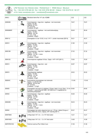 Mondstuk kleine fles 1/4" uitw. KOMBI2608.3 5,52 5,52
Voorontspanner - hoge druk - regelbaar - met manometer
Ingang: 1/4" Bin.
Uitgang: 3/8" Bin.
P2: 0,5-3 bar
Q (debiet): 40 kg/h
260902M 79,07 79,07
Voorontspanner - regelbaar - met overdrukbeveiliging
Ingang : 1/4" Bin.
Uitgang : 3/8" Bin.
P2 : 0,2 - 2 bar
Q (debiet) : 40kg/h
260908MSP 99,49 99,49
Drukregelaar 0-3 bar 10 KG, in+uit: 1/4" F - zonder manometer [GE14]2609112 54,21 54,21
Voorontspanner - hoge druk - regelbaar
Ingang : 1/4" Bin.
Uitgang : 1/4" Bin.
P2 : 0,1 - 3 bar
Q (debiet) : 10 kg/h
260912 41,80 41,80
Voorontspanner - hoge druk - regelbaar - met manometer
Ingang : 1/4" Bin.
Uitgang : 1/4" Bin. + mano
P2 : 0,1 - 3 bar
Q (debiet) : 10 kg/h
260912M 57,32 57,32
Voorontspanner regelbaar 0-6 bar, 12kg/h, 1/4"F-1/4"F [GE11]260912Q 70,00 70,00
Voorontspanner - hoge druk - vast
Ingang : 1/4" Bin.
Uitgang : 1/4" Bin.
P2 : 1,5 bar
Q (debiet) : 10 kg/h
260914 42,67 42,67
Flesontspanner regelbaar
Ingang : 1/4" Bin.
Uitgang : 1/4" Bin.
P2 : 0,5 - 4 bar
Q (debiet) : 8 kg/h
260915 29,32 29,32
Automatische omschakelaar met vistomatic
Ingang : 2 x 20/150 Uitw.
Uitgang : 20/150 Uitw.
P2 : 30 mbar
Q (debiet) : 1,5 kg/h
260924C 113,40 113,40
Drukregelaar met kraan en veiligheid, 37mbar, 4kg/h, In+out: Diam. 12 mm
te lassen / + aasnluiting 20/150M - 20/150M (incl.) / mogelijkheid tot
aansluiting slangnippel
260925 64,60 64,60
Voorontspanner - hoge druk - regelbaar
Ingang : 1/4" Bin.
Uitgang : 1/4" Bin.
P2 : 0,5 - 4 bar
Q (debiet) : 10 kg/h
260932 40,26 40,26
Voorontspanner - hoge druk - regelbaar - met manometer
Ingang : 1/4" Bin.
Uitgang : 1/4" Bin. + mano
P2 : 0,5 - 4 bar
Q (debiet) : 10 kg/h
260932M 59,33 59,33
Drukregelaar met vaste uitgaande druk van 1,75 bar / debiet 30 kg/uur /
ingang: M20/150 (moer), uitgang: 3/8" inwendig [GE11]
260954 83,47 83,47
2-Weg kraan 1/4” li. bi. – 2 x 1/4” links buiten260970600 12,21 12,21
3-Weg kraan 1/4” li. bi. – 3 x 1/4” links buiten260974000 14,56 14,56
Fiamma Level-up Plus Yellow 2 pcs260F97901033 31,36 31,36
9/35
 