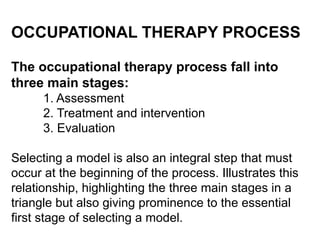 OCCUPATIONAL THERAPY PROCESS
The occupational therapy process fall into
three main stages:
1. Assessment
2. Treatment and intervention
3. Evaluation
Selecting a model is also an integral step that must
occur at the beginning of the process. Illustrates this
relationship, highlighting the three main stages in a
triangle but also giving prominence to the essential
first stage of selecting a model.
 