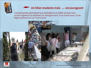  Un bilan modeste mais … encourageant
1120 personnes participent aux animations en juillet et août 2010
5% sont originaires du Morbihan, 4% Bretagne autre, 7% du Grand ouest, 27% de
région parisienne et 57% France autre




                                                Séminaire INTERPATT– Vannes, 29 mai 2012
 