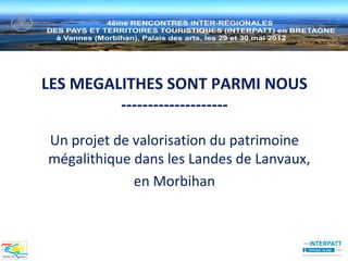 LES MEGALITHES SONT PARMI NOUS
         --------------------

Un projet de valorisation du patrimoine
mégalithique dans les Landes de Lanvaux,
             en Morbihan
 