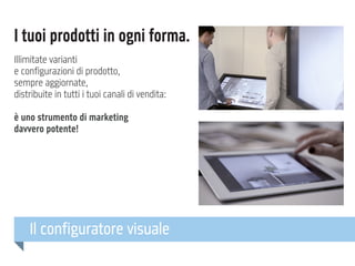 I tuoi prodotti in ogni forma.
Illimitate varianti
e configurazioni di prodotto,
sempre aggiornate,
distribuite in tutti i tuoi canali di vendita:
è uno strumento di marketing
davvero potente!

Il configuratore visuale

 