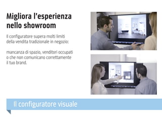 Migliora l’esperienza
nello showroom
Il configuratore supera molti limiti
della vendita tradizionale in negozio:
mancanza di spazio, venditori occupati
o che non comunicano correttamente
il tuo brand.

Il configuratore visuale

 