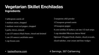 Vegetarian Skillet Enchiladas
Ingredients
• tasteofhome.com 4 Servings, 307 Cal/serving
• 1 tablespoon canola oi
l

• 1 medium onion, choppe
d

• 1 medium sweet red pepper, choppe
d

• 2 garlic cloves, mince
d

• 1 can (15 ounces) black beans, rinsed and draine
d

• 1 can (10 ounces) enchilada sauc
e

• 1 cup frozen corn
• 2 teaspoons chili powde
r

• 1/2 teaspoon ground cumi
n

• 1/8 teaspoon peppe
r

• 8 corn tortillas (6 inches), cut into 1/2-inch strip
s

• 1 cup shredded Mexican cheese blen
d

• Optional: Chopped fresh cilantro, sliced avocado,
 

• sliced radishes, sour cream and lime wedges
 