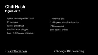 Chili Hash
Ingredients
• tasteofhome.com 4 Servings, 431 Cal/serving
• 1 pound medium potatoes, cube
d

• 1/2 cup wate
r

• 1 pound ground bee
f

• 1 medium onion, choppe
d

• 1 can (15-1/2 ounces) chili starte
r

•
• 1 cup frozen pea
s

• 2 tablespoons minced fresh parsle
y

• 1/4 teaspoon sal
t

• Sour cream*, optional
 