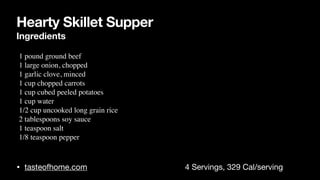 Hearty Skillet Supper
Ingredients
• tasteofhome.com 4 Servings, 329 Cal/serving
• 1 pound ground bee
f

• 1 large onion, choppe
d

• 1 garlic clove, mince
d

• 1 cup chopped carrot
s

• 1 cup cubed peeled potatoe
s

• 1 cup wate
r

• 1/2 cup uncooked long grain ric
e

• 2 tablespoons soy sauc
e

• 1 teaspoon sal
t

• 1/8 teaspoon pepper
 