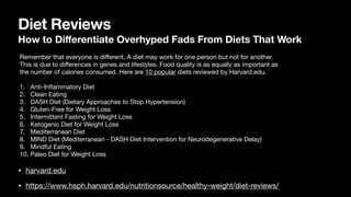 Diet Reviews
How to Di
ff
erentiate Overhyped Fads From Diets That Work
• harvard.edu
• https://www.hsph.harvard.edu/nutritionsource/healthy-weight/diet-reviews/
Remember that everyone is di
ff
erent. A diet may work for one person but not for another.
This is due to di
ff
erences in genes and lifestyles. Food quality is as equally as important as
the number of calories consumed. Here are 10 popular diets reviewed by Harvard.edu.
1. Anti-In
fl
ammatory Diet
2. Clean Eating
3. DASH Diet (Dietary Approaches to Stop Hypertension)
4. Gluten-Free for Weight Loss
5. Intermittent Fasting for Weight Loss
6. Ketogenic Diet for Weight Loss
7. Mediterranean Diet
8. MIND Diet (Mediterranean - DASH Diet Intervention for Neurodegenerative Delay)
9. Mindful Eating
10. Paleo Diet for Weight Loss
 