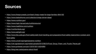 Sources
• https://www.thespruceeats.com/best-cheap-meals-for-large-families-4844192
• https://www.tasteofhome.com/collection/cheap-dinner-ideas/
• https://www.nutrition.gov/
• https://www.hsph.harvard.edu/nutritionsource/
• https://www.healthline.com/nutrition
• https://nutritionfacts.org/
• https://www.eatright.org/
• https://www.fsis.usda.gov/food-safety/safe-food-handling-and-preparation/food-safety-basics/slow-cookers-and-
food-safety
• https://www.unicef.org/nigeria/poems-nutrition
• https://cdn.agclassroom.org/media/uploads/2015/06/24/Food_Group_Poem_and_Puzzle_Pieces.pdf
• https://www.pinterest.com/pin/13370130115024090/
• https://blog.tree.cards/poems-about-food/
 
