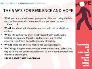 THE 5 W’S FOR RESILENCE AND HOPE
• WHO you are is what makes you special. Work on being the best
you can be – start with what would you put after the word
I am …….?
• WHAT lies ahead will always be a mystery do not be afraid to
explore.
• WHEN life pushes you over, treat yourself with kindness by
holding ones painful thoughts and feelings in a mindful
awareness and then begin the journey of healing.
• WHERE there are choices, make ones you wont regret
• WHY things happen we may never know the reasons , take it one
day at a time and use the experiences to learn about yourself and
the world around you.
• LIFE IS A STORY JUST UNFOLDING
 