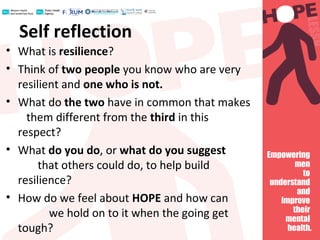 Self reflection
• What is resilience?
• Think of two people you know who are very
resilient and one who is not.
• What do the two have in common that makes
them different from the third in this
respect?
• What do you do, or what do you suggest
that others could do, to help build
resilience?
• How do we feel about HOPE and how can
we hold on to it when the going get
tough?
 
