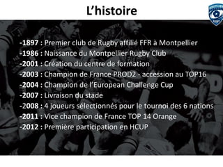 L’histoire 
-1897 : Premier club de Rugby affilié FFR à Montpellier 
-1986 : Naissance du Montpellier Rugby Club 
-2001 : Création du centre de formation 
-2003 : Champion de France PROD2 - accession au TOP16 
-2004 : Champion de l’European Challenge Cup 
-2007 : Livraison du stade 
-2008 : 4 joueurs sélectionnés pour le tournoi des 6 nations 
-2011 : Vice champion de France TOP 14 Orange 
-2012 : Première participation en HCUP  
