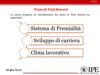 Logo azienda
10/22
Piano di Total Reward
La nostra proposta di rimodulazione del piano di Total Reward ha
riguardato:
Sistema di Premialità
Sviluppo di carriera
Clima lavorativo
 