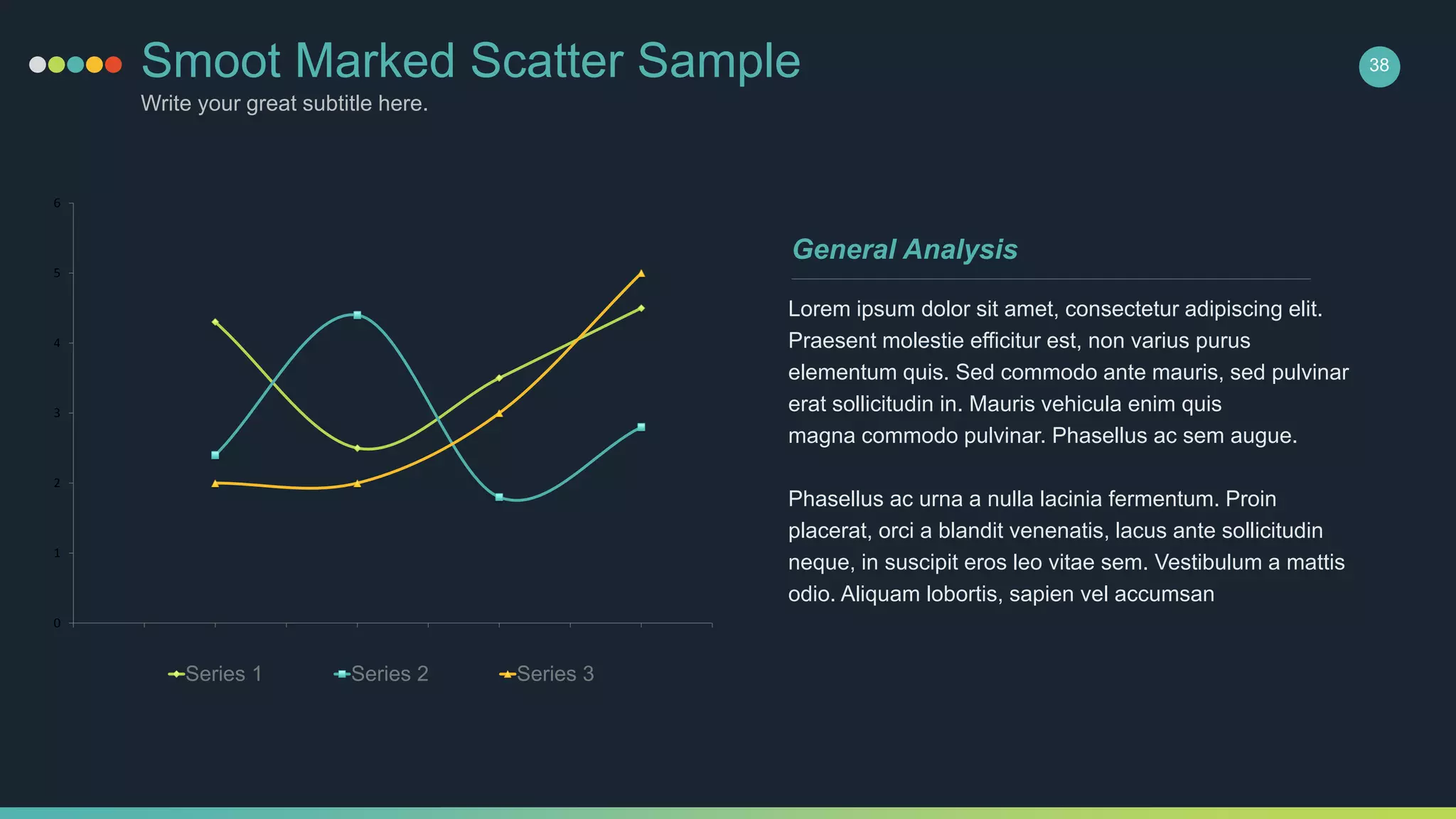 Smoot Marked Scatter Sample
Write your great subtitle here.
38
0
1
2
3
4
5
6
Series 1 Series 2 Series 3
Lorem ipsum dolor sit amet, consectetur adipiscing elit.
Praesent molestie efficitur est, non varius purus
elementum quis. Sed commodo ante mauris, sed pulvinar
erat sollicitudin in. Mauris vehicula enim quis
magna commodo pulvinar. Phasellus ac sem augue.
Phasellus ac urna a nulla lacinia fermentum. Proin
placerat, orci a blandit venenatis, lacus ante sollicitudin
neque, in suscipit eros leo vitae sem. Vestibulum a mattis
odio. Aliquam lobortis, sapien vel accumsan
General Analysis
 