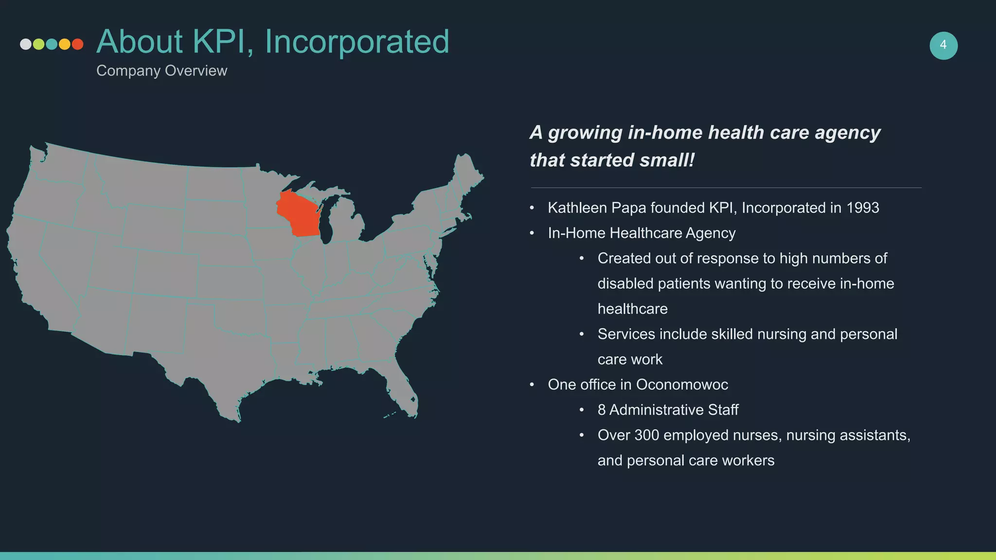 4About KPI, Incorporated
Company Overview
• Kathleen Papa founded KPI, Incorporated in 1993
• In-Home Healthcare Agency
• Created out of response to high numbers of
disabled patients wanting to receive in-home
healthcare
• Services include skilled nursing and personal
care work
• One office in Oconomowoc
• 8 Administrative Staff
• Over 300 employed nurses, nursing assistants,
and personal care workers
A growing in-home health care agency
that started small!
 