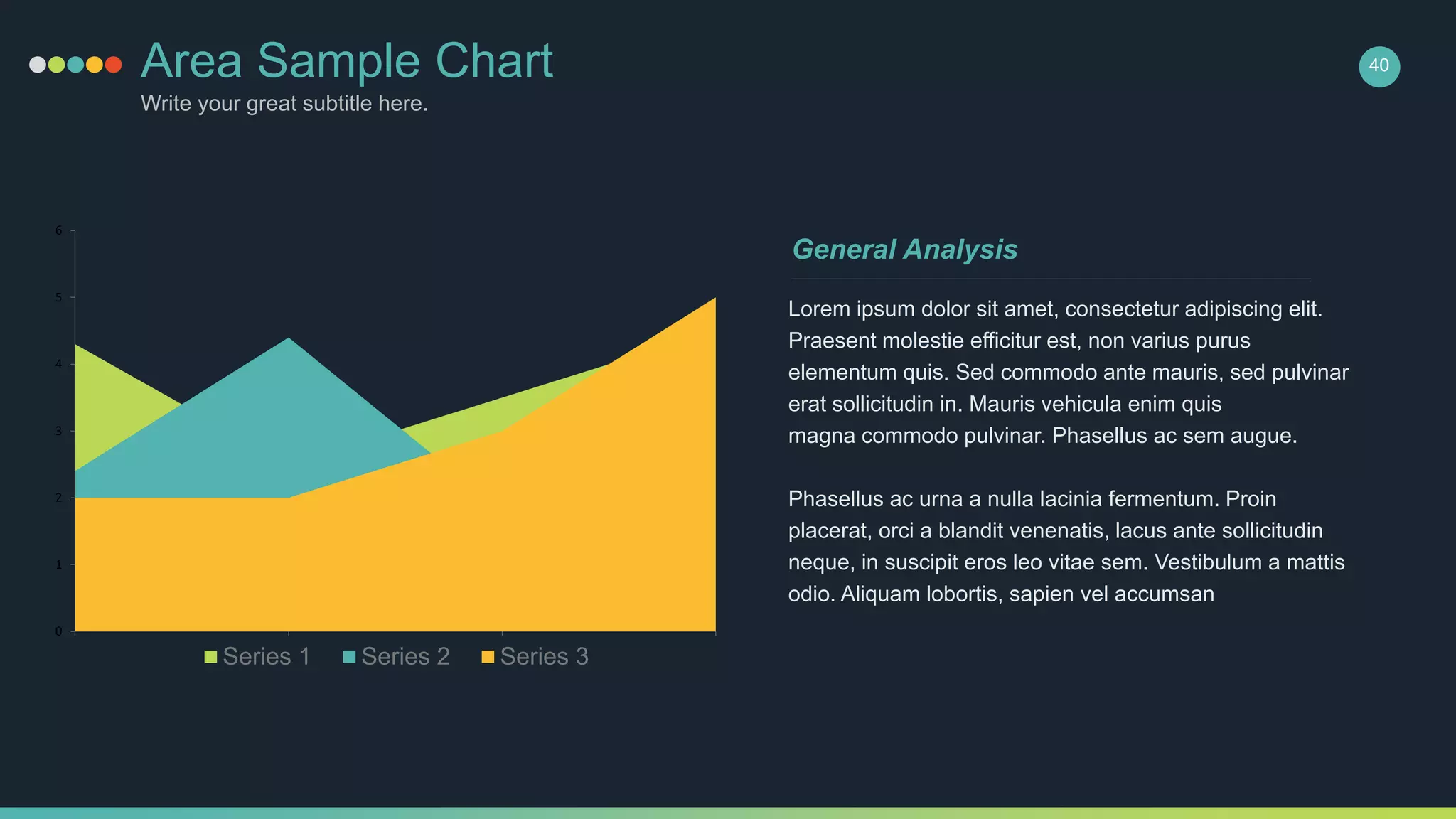Area Sample Chart
Write your great subtitle here.
40
0
1
2
3
4
5
6
Series 1 Series 2 Series 3
Lorem ipsum dolor sit amet, consectetur adipiscing elit.
Praesent molestie efficitur est, non varius purus
elementum quis. Sed commodo ante mauris, sed pulvinar
erat sollicitudin in. Mauris vehicula enim quis
magna commodo pulvinar. Phasellus ac sem augue.
Phasellus ac urna a nulla lacinia fermentum. Proin
placerat, orci a blandit venenatis, lacus ante sollicitudin
neque, in suscipit eros leo vitae sem. Vestibulum a mattis
odio. Aliquam lobortis, sapien vel accumsan
General Analysis
 