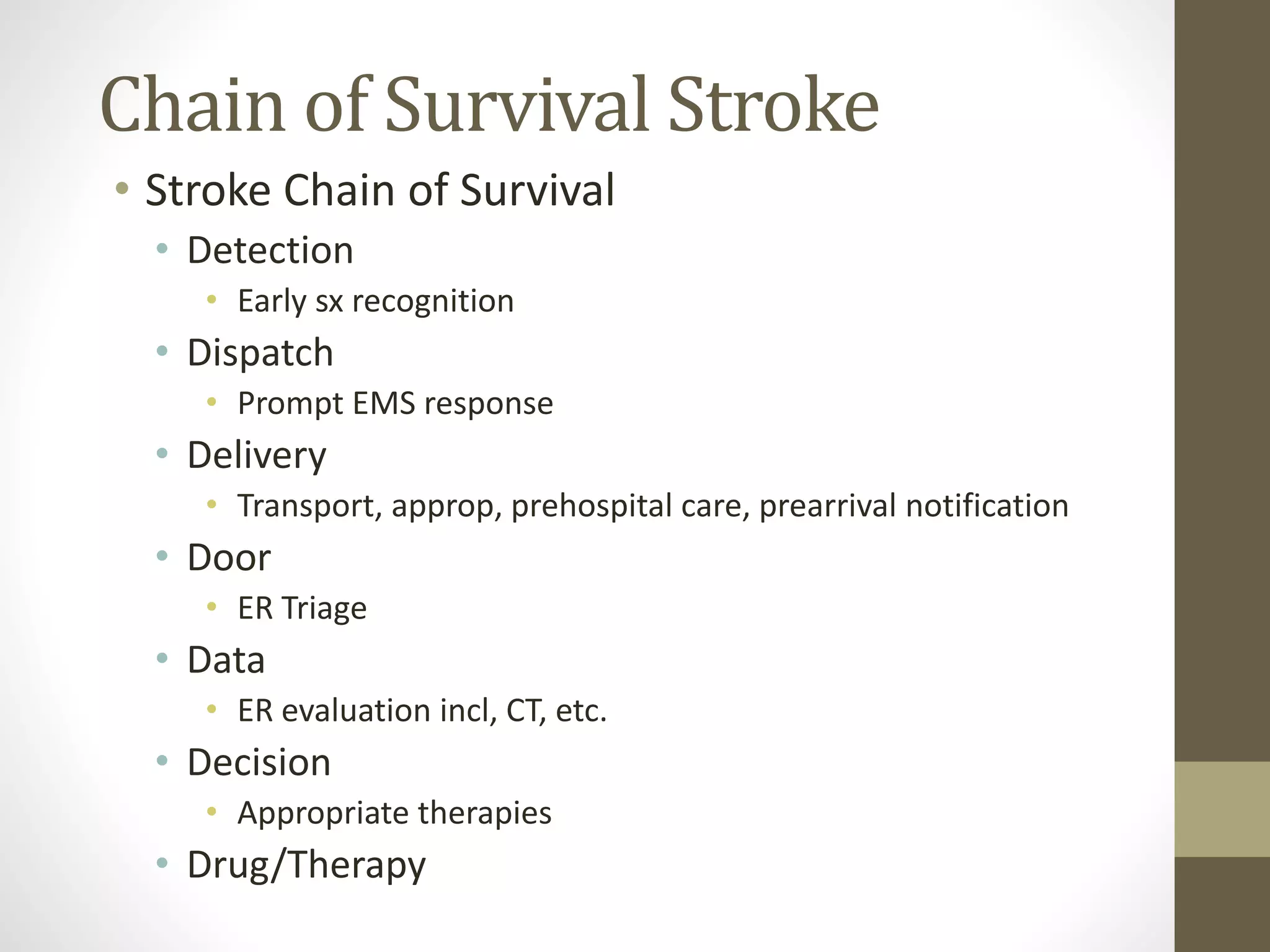 Chain of Survival Stroke
• Stroke Chain of Survival
• Detection
• Early sx recognition
• Dispatch
• Prompt EMS response
• Delivery
• Transport, approp, prehospital care, prearrival notification
• Door
• ER Triage
• Data
• ER evaluation incl, CT, etc.
• Decision
• Appropriate therapies
• Drug/Therapy
 